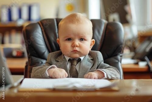 A baby is sitting in a chair in front of a laptop. The baby is wearing a blue shirt and a vest. The baby is looking at the camera with a serious expression. Serious business baby boss in the office