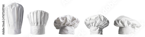 Set of white Chef hats, cook caps and baker Toque Blanche on transparent cutout, PNG file. Many different style. Mockup template for artwork graphic design photo
