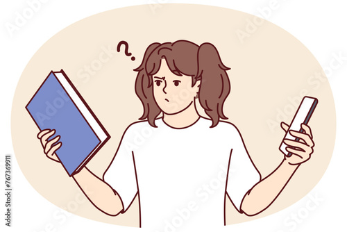 Teen girl choose between book and phone to read favorite art story. Schoolgirl looks at textbook in embarrassment due to procrastination and desire to play smartphone games. Flat vector illustration