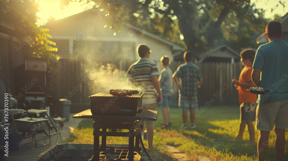 A backyard 4th of July barbecue party with friends and family gathered around the grill. - obrazy, fototapety, plakaty 