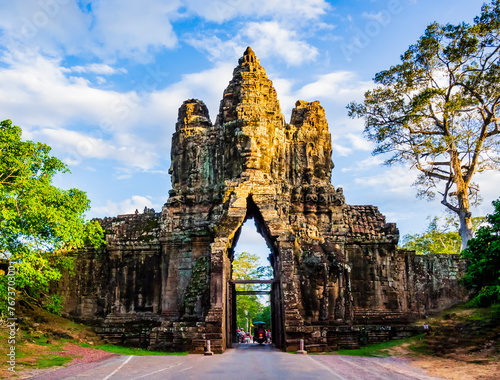 Stunning view of the South Gate of Angkor Thom complex, Siem Reap, Cambodia