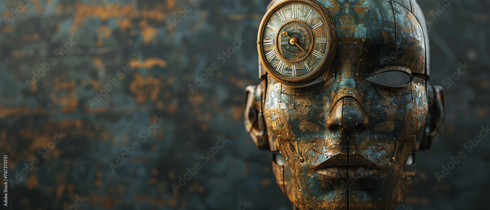 Futuristic steampunk cyborg face with clock eye and textured metal. Futuristic steampunk cyborg face with clock eye and textured metal.