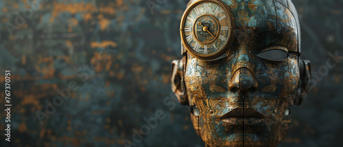 Futuristic steampunk cyborg face with clock eye and textured metal.