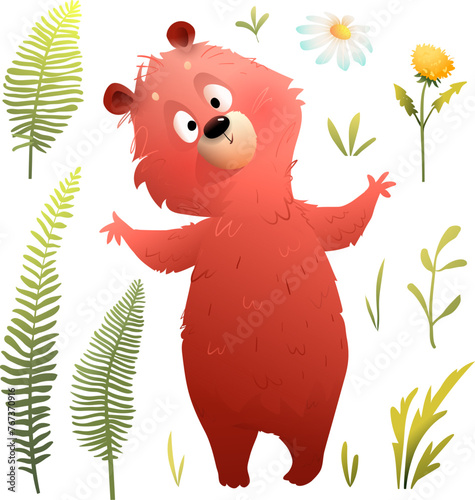 Cute funny bear hugging, big furry animal character for children. Illustrated adorable smiling bear, inviting kids to play. Isolated vector forest animal clipart for children in watercolor style.