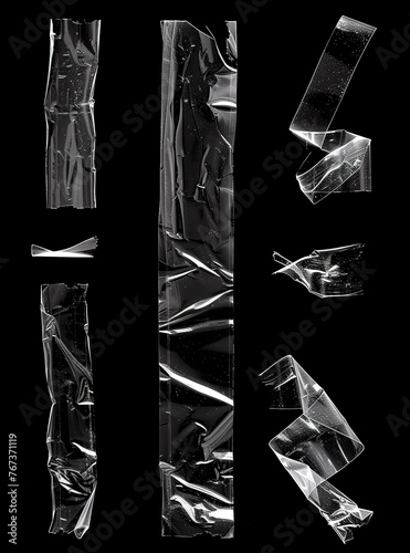 single small transparent adhesive tape or strips isolated on black background, crumpled plastic sticker snips, poster design overlays or assets, ai generated.