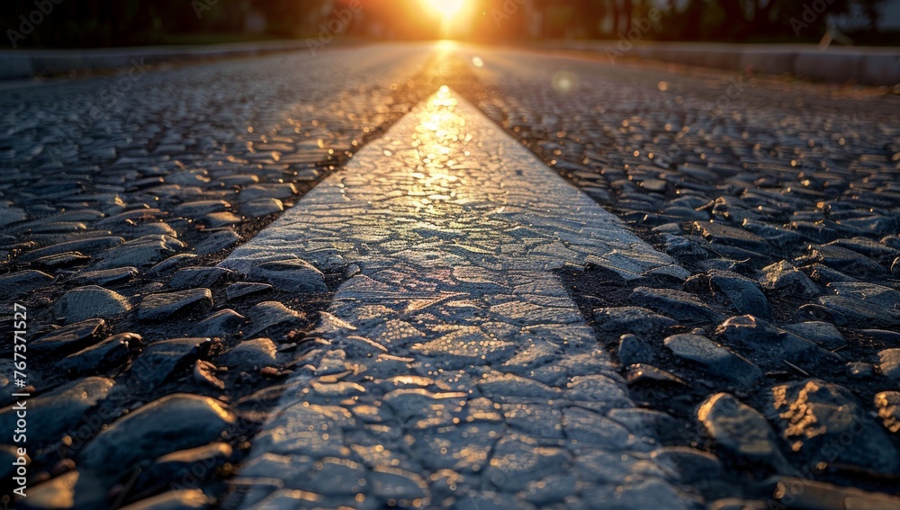 A straight road with an arrow painted on it, leading towards the horizon The sun is setting in the background casting long shadows over cobblestones and asphalt Generative AI - obrazy, fototapety, plakaty 