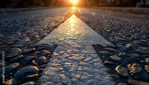 A straight road with an arrow painted on it, leading towards the horizon The sun is setting in the background casting long shadows over cobblestones and asphalt Generative AI © sean
