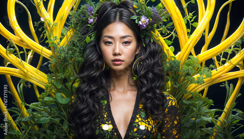 Fantasy Asian woman. Lovely girl. Chimera floral background. Neon light. Fictional scene. AI generated