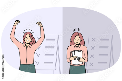 Comparison of woman with unfinished and finished work tasks. Failed and successful female employee with plans and list on board. Vector illustration.