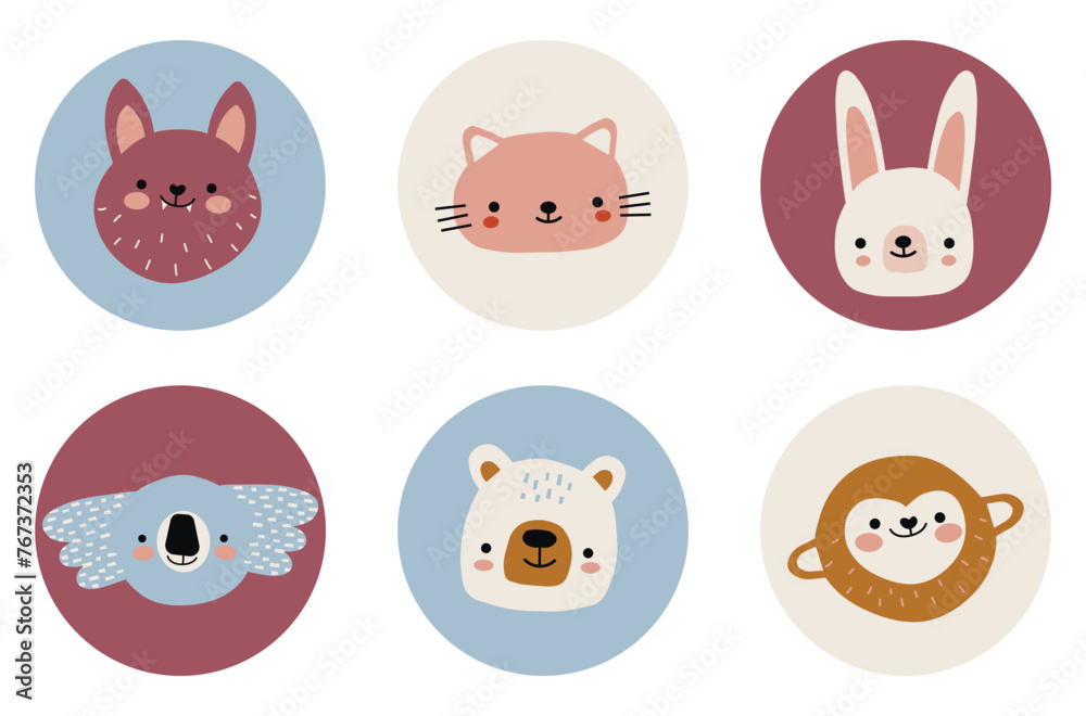 Cute simple animal portraits - hare, bear, cat, koala, bat, monkey. Designs for baby clothes. Hand drawn characters. Vector illustration. Cute simple animal portraits - hare, bear, cat, koala, bat, monkey. Designs for baby clothes. Hand drawn characters. Vector illustration.