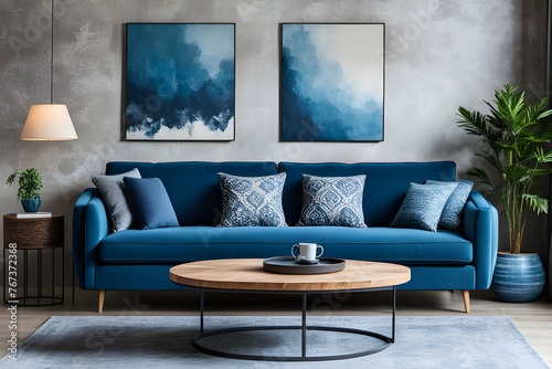 curved sofa with blue cushions and round rustic wood coffee table against stucco wall with poster. interior design of modern living room © Abde