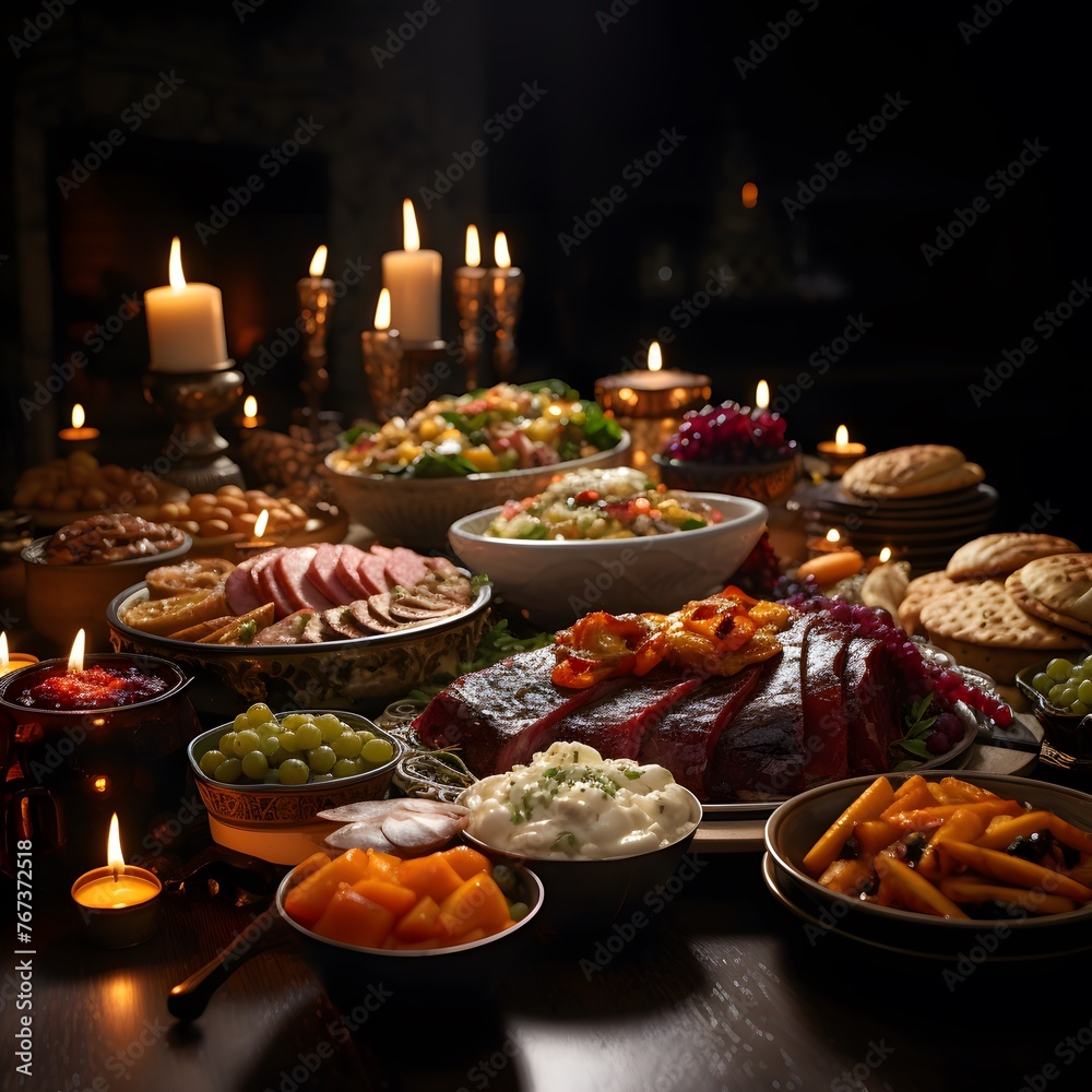 delectable spread of food prepared for a Jewish Hanukkah celebration delectable spread of food prepared for a Jewish Hanukkah celebration