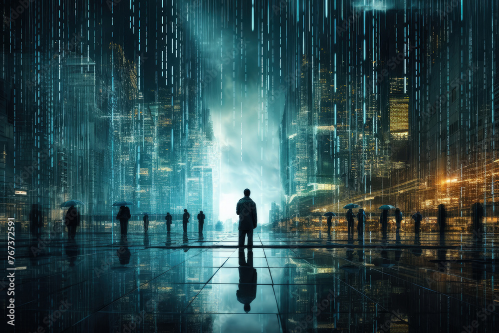 Futuristic Cityscape with Binary Rain and People, Cybersecurity Concept
