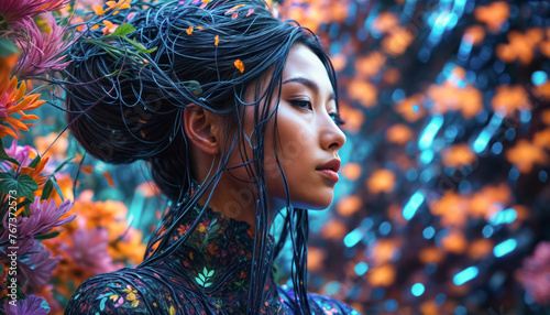 Fantasy Asian woman. Lovely girl. Chimeric flower background. Neon light. Made up scene. AI generated