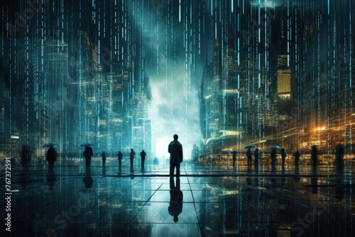Futuristic Cityscape with Binary Rain and People, Cybersecurity Concept