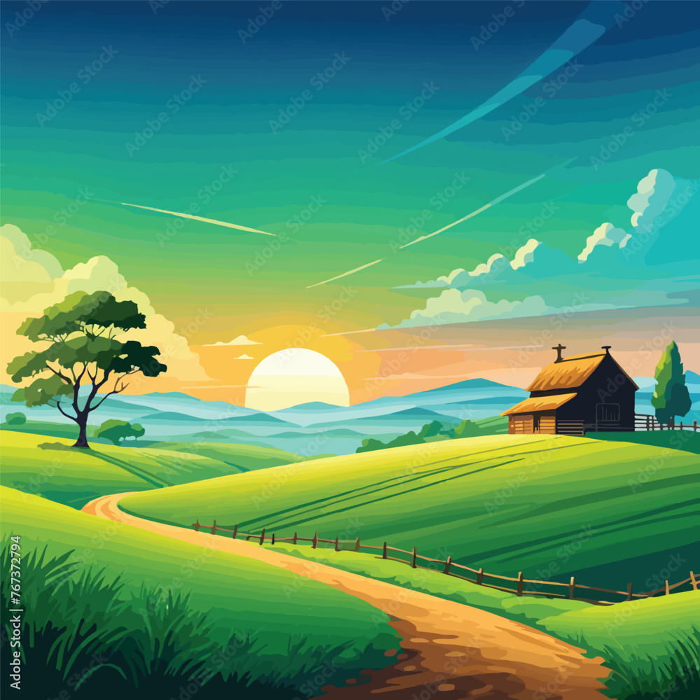 Gradient Rural Landscape Background Isolated On White Background. Vector Illustration In Flat Style.