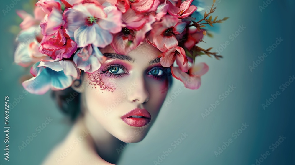 Fashion portrait of beautiful young woman with flowers in her hair. Perfect makeup. Beauty, fashion.