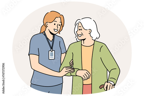 Smiling female caregiver help mature woman with walking. Happy nurse in uniform assist elderly grandmother with walking stick. Vector illustration.
