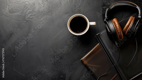 white headphones, a notebook, and coffee positioned on a luxurious black leather background, with space available for text or design, presenting a conceptual work banner mockup.
