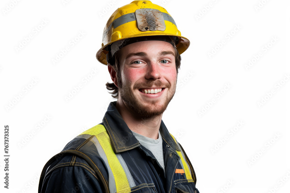Fototapeta premium A close-up image of a man in work clothes and a yellow helmet