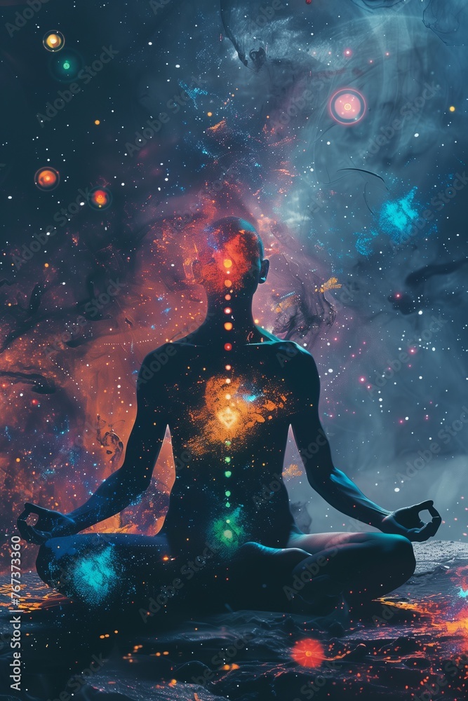 Meditating human silhouette in yoga lotus pose. Galaxy universe background. Colorful chakras and aura glow. Meditation on outer space background with glowing chakras. Esoteric.