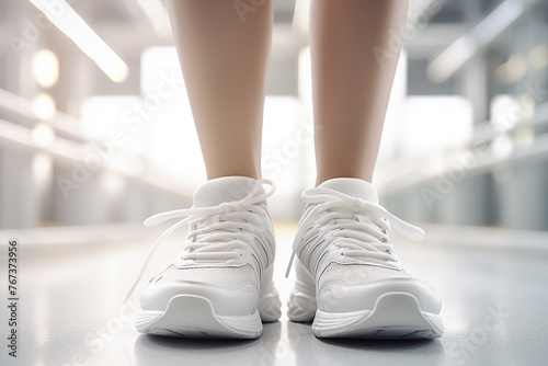 Ready to run: Close-up of athlete's feet in white sneakers on gym floor, focus on fitness and health.