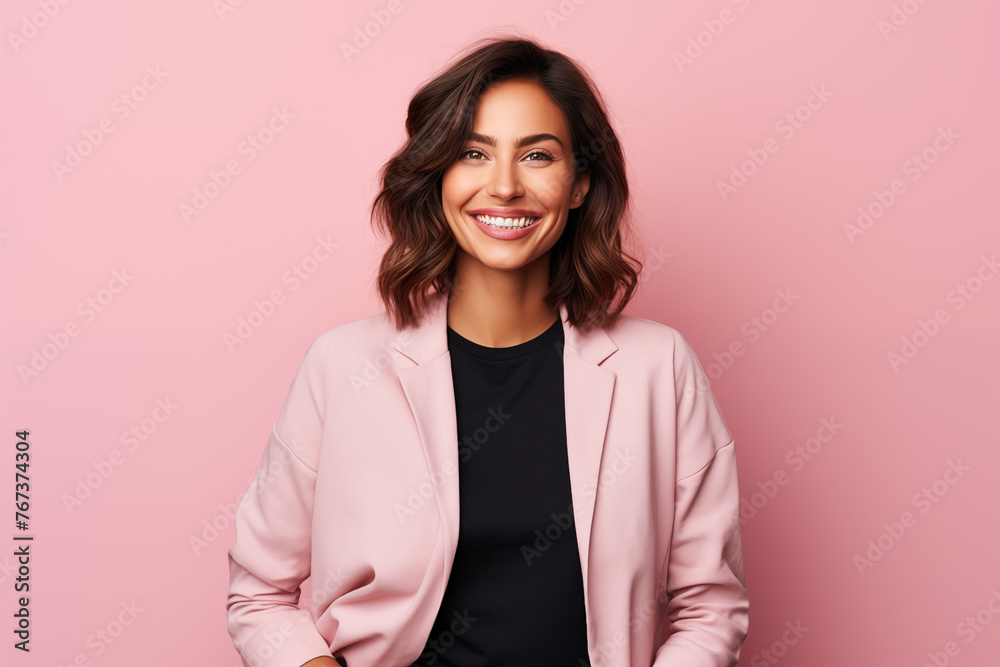 Radiant Smile: Stylish Woman in Pink Blazer Over Black Top Radiant Smile: Stylish Woman in Pink Blazer Over Black Top