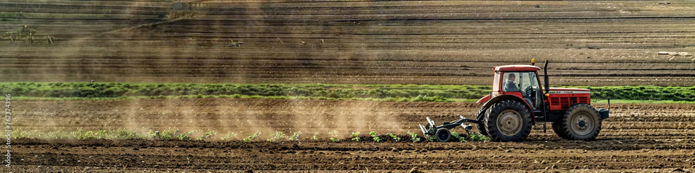 Obraz premium Tractor on a striped field, Seasonal Agriculture: Tilling the Fertile Fields, Farming, Earth's Bounty, Educational Materials, Agricultural Equipment Advertisements, Environmental Studies, Banner