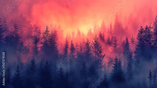 Abstract art - painting of a sunset over a forest
