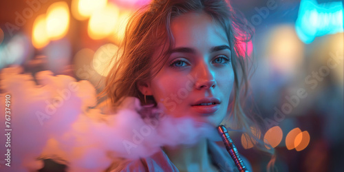 portrait of young girl smoker smoking a smoky hookah in a shisha bar with neon light