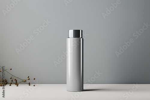 A contemporary skincare product bottle in an elegant silver color, arranged neatly with copyspace on a blank label for customization.