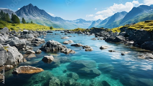 aerial view of a rocky mountain range with river, medium drone photography-