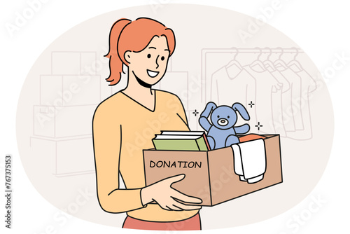 Smiling woman with box with personal belongings donate to charity shop. Girl make items and books donation to needy people. Vector illustration.