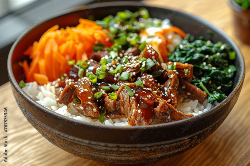 Vegan teriyaki bowl with pulled teriyaki beef made from jackfruit, spinach, rice and carrots.