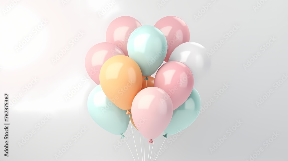 Realistic mockup of a cluster of pastel-colored balloons, elegantly tied together with a ribbon, placed on a pristine white background.