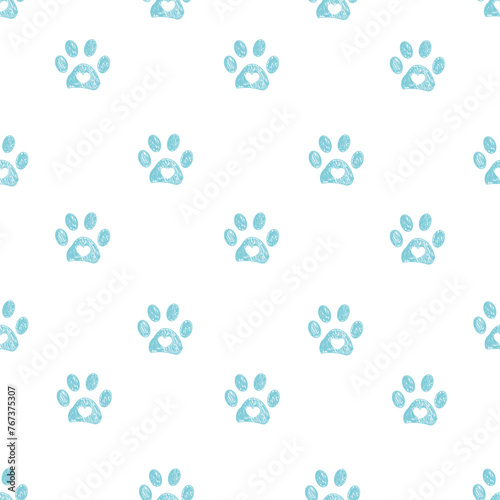 Cute blue doodle paw prints with hearts. Fabric design seamless pattern white background
