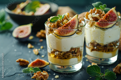 Two glasses of Greek yogurt with honey, figs and walnuts. photo