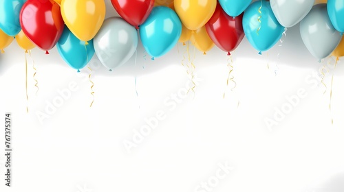 Realistic mockup of colorful balloons arranged in a festive pattern on a white background with a ribbon.