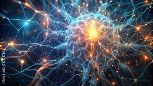 Network of glowing neurons forming the human brain. 