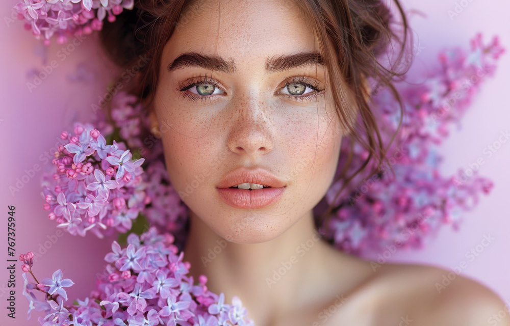 Portrait of a woman with lilac flowers.