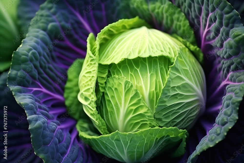 Fototapeta premium Green Cabbage Head Close-up with Purple Leaves in the Garden