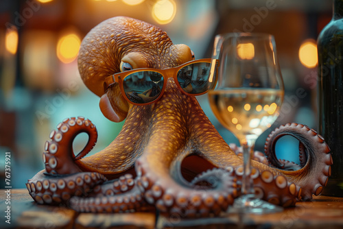 Stylish Octopus Sipping Wine With Sunglasses