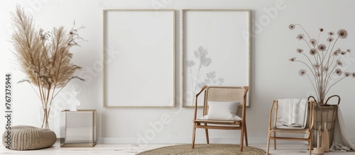 Large portrait mockup on a white wall with various frame sizes available for a clean, modern look. Display text or products easily in the indoor space. photo
