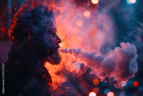 adult man smoker exhaling cigarette smoke in smoky atmosphere with neon lights on night street