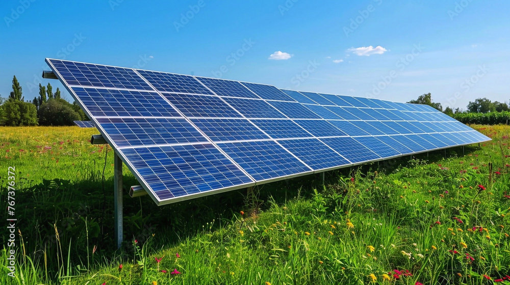 Solar photovoltaic panels on the field. Alternative power energy concept.