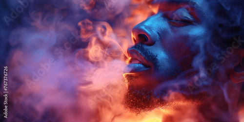 black male smoker vaper exhaling steam in smoky atmosphere with neon light