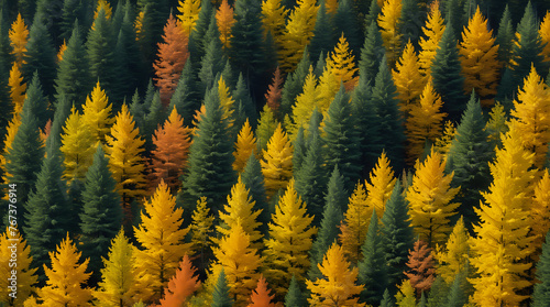 A dense forest displays a rich tapestry of autumn colors with rows of trees in varying shades of green, yellow, and orange