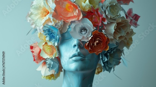 female model with her head covered with flowers