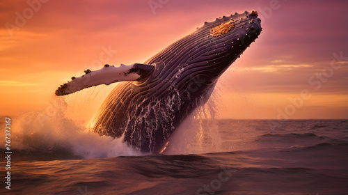 Dancing Dusk: The Majestic Leap of a Humpback Whale in the Twilight Sky © Glen