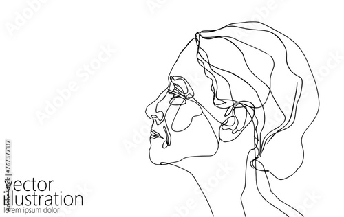 Continuous one single line art beautiful old woman face concept. Female portrait adult skin care anti aging effect hand drawn sketch. Black white monochrome vector illustration